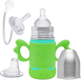 DR.Flow 3in1 Omega Pro Insulated ThermoSteel Baby Feeding Bottle with Handle, Anti-skid Bumper & Silicone Closing Disc 180ml/6oz |100% Plastic free & Non-Toxic Stainless Steel | 304 (18/8) Grade Stainless Steel | Anti Colic Silicone Teat | 10Hrs. Hot & Cold | Silicone Teat, Sippy Spout & Straw Spout Combo - 180 ml