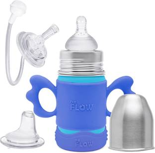 DR.Flow 3in1 Omega Pro Insulated ThermoSteel Baby Feeding Bottle with Handle, Anti-skid Bumper & Silicone Closing Disc 180ml/6oz |100% Plastic free & Non-Toxic Stainless Steel | 304 (18/8) Grade Stainless Steel | Anti Colic Silicone Teat | 10Hrs. Hot & Cold | DF9012, Blue Color | Silicone Teat, Sippy Spout & Straw Spout Combo - 180 ml