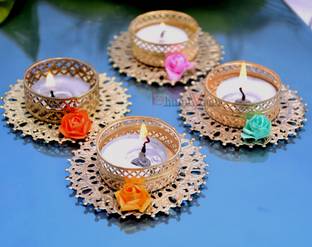bhumiyaan Silver, Paper, Silver Plated (Pack of 4) Table Diya Set