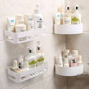 Qrex Pack Of 4 Wall Mountable Durable and Stable Plastic Toothbrush Holder Multipurpose Storage Holder Stand Keeping Toothpaste, Comb, Cream, Lotion & soap for Bathroom Accessories Traceless Shower Caddy with Strong Self Adhesive Magic Sticker (2 Bathroom + 2 Triangle Corner Toothbrush Holders ,WhiteColour) Plastic Toothbrush Holder