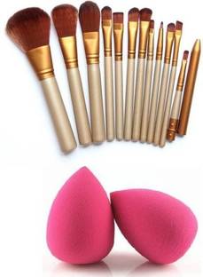 J & F 12 Pc Makeup Brush set + 2 Sponge Puff