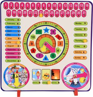 DgCrayons Wooden 7 in 1 Pinewood Calendar Learning Toy with Date, Days, Months, Seasons and Clock Preschool Puzzle | Learning Board for Baby | Learning Board for Kids with pins for 3 Year Old's and Up Kids-Multicolor