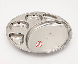 SHLINCO Stainless Steel Round Plate - 4 Partition Divided, Lunch/Dinner/Bhojan/Thali Plates - 1 Unit - Diameter - 30 cm Sectioned Plate