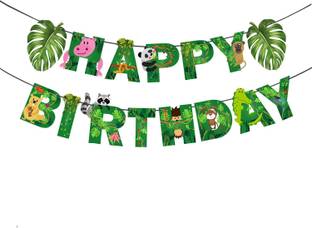ZYOZI Safari Animals Happy Birthday Banner, Jungle Party Sign, Wild Birthday Decorations, Tribal Boy Girl Theme Supplies, Bday Kids 1st First Decor Banner