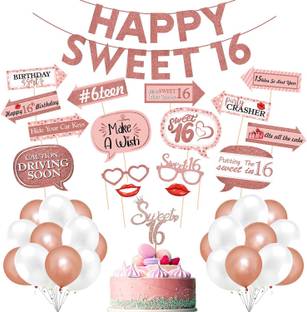 ZYOZI Sweet 16 Birthday Decorations with Photo Booth Backdrop and Pre-assembled Props – 16th Birthday Party Supplies, Rose Gold Sweet 16 Decorations,16 Happy Birthday Banner, Cake Topper, Balloons (PACK OF 43))