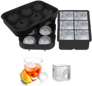 AlexVyan Ice Cube Trays (Set of 2), Silicone Sphere Whiskey Ice Ball Maker with Lids & Large Square and Round Ice Cube Molds for Cocktails & Bourbon - Reusable & BPA Free Black Silicone Ice Ball Tray