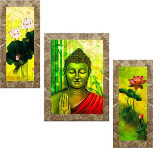 Indianara Set of 3 Gautham Buddha Framed Art Painting (3190MBR) without glass (6 X 13, 10.2 X 13, 6 X 13 INCH) Digital Reprint 13 inch x 10.2 inch Painting