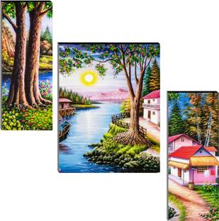 Indianara Set of 3 Beautiful Lakeside View MDF Art Painting (3072 FL) without glass 4.5 X 12, 9 X 12, 4.5 X 12 INCH Digital Reprint 12 inch x 18 inch Painting