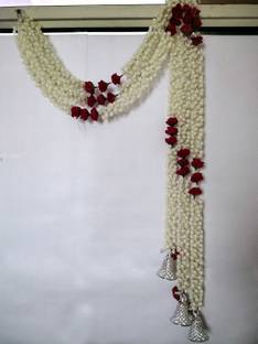 3A Featuretail 5ft Artificial Mogra Jasmine with Red Rose Garland String with Silver Bell for Decoration Plastic Garland