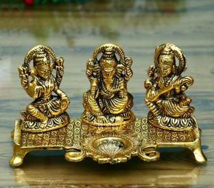 WELLWISHERS CRAFT Laxmi Ganesh Saraswati With Diya Idol Set Decorative Showpiece  -  14 cm