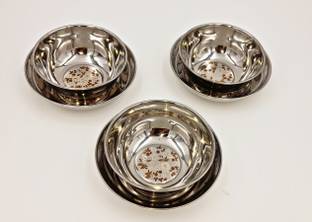 SHLINCO Stainless Steel Decorative Bowl Set of 6 Stainless Steel Laser Engraved Print Designer Halwa Plate 12cm With Sweet Dish Bowl Engraved Stainless Steel 200ML , (3 pcs Bowl ; 3 pcs plate )