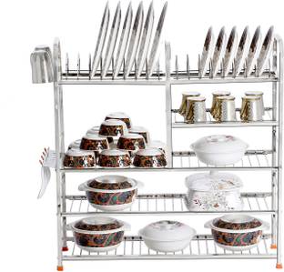 IRONTECH Utensil Kitchen Rack Steel 5 Layer 30X32 inch Wall Mount Modern Kitchen Utensils Dish Rack Stainless Steel Kitchen Rack Kitchen Storage Rack/Utensils Rack with Plate & Cutlery Stand