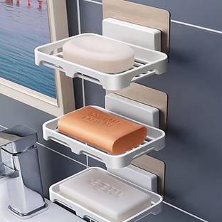 Qrex Pack Of 3 Pcs ABS Plastic Multipurpose Home Kitchen Bathroom Accessories Wall Mounted Self-Adhesive Waterproof No Drilling Soap Box Stand Storage Holder Shower Caddy with Strong Adhesive Magic Sticker (3 Soap Dish,WhiteColour) Plastic Wall Shelf