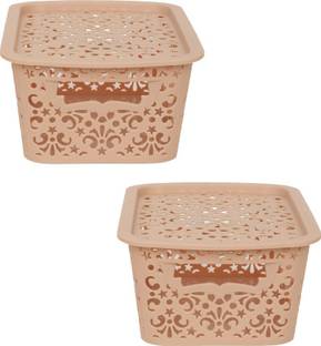 Flipkart SmartBuy Plastic Small Turkish Baskets Small with Lid for Kitchen | Office | Pen | Pencil | Colours Utility | Cosmetics | Accessories | Closet | Wardrobe - Beige | Set of 2 Storage Basket (Pack of 2) Storage Basket