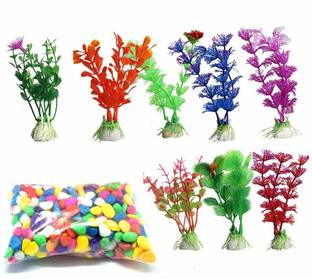 Aquapetzworld Aquarium Decoration Kit Colorful Artificial Plant Colorful Rainbow Gravel Pebble Stone Substrate for Fish Turtle Tank Bowl Decor (8 Plants+ 500g Stone) Aquarium Plant Anchor