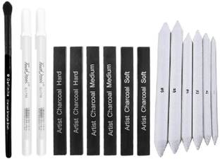 Definite Art White Paper Stump/Art Blender/Tortillons to Smudge or Blend Charcoal, Crayon & Graphite; 2 X White Pen 0.8mm Nib for reflection and highlighting effec; 6 X Compressed Charcoal Sticks and 1 X Smudger Blender Brush for Charcoal and Pastel Pencils