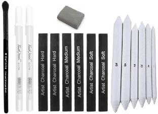 Definite Art White Paper Stump/Art Blender/Tortillons to Smudge or Blend Charcoal, Crayon & Graphite; 2 X White Pen 0.8mm Nib for reflection and highlighting effec; 6 X Compressed Charcoal Sticks; One Kneadable Eraser and 1 X Smudger Blender Brush for Charcoal and Pastel Pencils