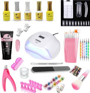 BeautyQua A Complete Set of Professional include 1 UV Lamp ( 48 w) 15 Acrylic Brush, 5 Dotting Tools, 1 Natural Polygel , 2 Gel Polish, 1 Top Coat, 1 Base Coat , 1 Primer, 100 Tips Polygel Nails, 2 Nail Holding Clips, 1 Buffer filer, 1 Dual Nail Pusher, 1 Dappen Glass, 1 nail Cleaning Brush, 5 Nail Art Tape, 1 Nail Clipper, 1 Nail Duster Brush, 2 Finger Separator, 1 Dry Flower Box