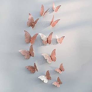 PINDIA 12 Pcs 3D Metal Butterfly Wall Stickers for Home Party Wedding Décor - Rose Gold Pack of 12