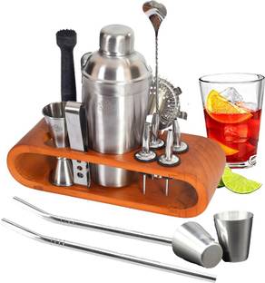 TALUKA 16-Piece Bar Tool Set with Stylish Bamboo Stand | Perfect Home Bartending Kit and Martini Cocktail Shaker Set for an Awesome Drink Mixing Experience (Silver) 16 - Piece Bar Set