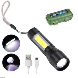 Nirvair High Power USB Rechargeable Long Range Led Torch Light Emergency Light+ Desk Light with 3 Adjustable Modes Zoom in Flashlight with Hanging Rope for Torch Keychain(Black) Pack of 1 3 hrs Torch Emergency Light