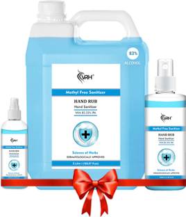 vrh Hand Rub Sanitizer (5Litre + 500mL + 100mL) contains 83% Alcohol Non Stick Disinfectant Liquid Sanitizer Kills 99.9% Germs with Rose Fragrance Sanitizer Hand Sanitizer Can