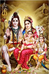 Dharvika Innovations Lord Shiva Family Sparkle Coated Self Adhesive Waterproof Painting Vinyl Poster Without Frame #DIP2078 Digital Reprint 36 inch x 24 inch Painting