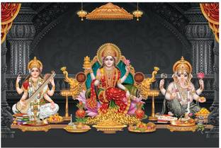 Dharvika Innovations Maa Laxmi Goddess Ganesh & Maa Saraswati Coated Self Adhesive Waterproof Painting Vinyl Poster Without Frame #DIP2151 Digital Reprint 36 inch x 24 inch Painting