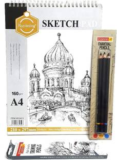 SKYGOLD 160 GSM A4 SIZE ARTISTS SKETCH PAD FOR DRAWING WITH CAMLIN BLACK CHARCOAL PENCIL SET & CAMLIN DRAWING PENCIL SET COMBO SKETCHING KIT FOR ARTISTS