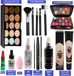 INWISH Best Brand Makeup kit 16 pcs with Eyeshadow,Eyeliner,Mascara,Kajal,Makeup Fixer,Face Primer,Essential oil face Serum,Puff,Lipstick,Foundation,3 in 1 Pallete,5 Pcs Brush