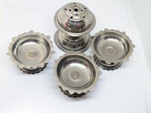 POOJA GHAR Round Stainless Steel Agarbatti Stand and Set of 3 diya Stainless Steel (Pack of 3) Table Diya Set