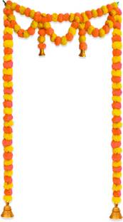 iHandikart Handmade Decorative Marigold Fluffy Artificial Door Hanging Garlands Bandanwar Toran Used for Home Decoration, Size 57X36 Inches Light Orange, yellow Colour(Pack of 1) Plastic Garland