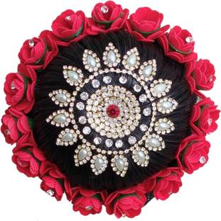 MX WOMEN HAIR STYLE Beautiful Red Rose Flower  Juda Bun With Stone Design Work For Women, Bridal And Girl Hair Extension