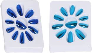 Beautica Artificial Nails Latest Fake Designer False Nails Extension-Nakli Nakhun-45 (Turquoise & Blue ) - 2 Box Combo