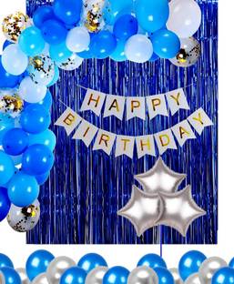 TRISHRA Solid 41 Pcs Happy Birthday Banner and HD Metallic Confetti Balloons with Foil Star and Curtains Decoration Kit Set Decorations Items Combo for Boys Balloon