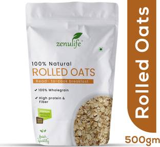 zenulife Super Oats, 100% Rolled Oats 500g | Premium Golden Rolled Oats, Gluten free Oats with High Fibre, 100% Whole grain, Non GMO, No Added Sugar | Ideal Breakfast for Weight Loss Pouch