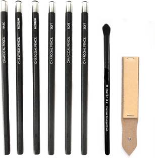 Definite Black Charcoal Artist Pencils with Charcoal Smudger Brush & Sand Paper Folder (Pack of 6 Pencils, Brush & Sand Paper) for Artist Students Black Charcoal Hexagonal Shaped Color Pencils