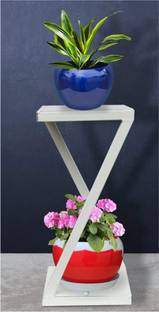Hs Retail Modern Indoor & Outdoor 2 Tier Steel Planter Stand/Flower Shelf Display for Garden/Balcony/Flower Pot Stand for Corner Display/Double Decker Window Planted Stand (18X18X39 cm) (White) Plant Container Set