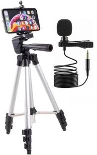 Bmr traders 3110 Mobile Phone & Camera Stand Holder Tripod Kit with Collar Microphone Kit with Voice Recording Filter Mic for Recording Singing YouTube (2in1 Combo Pack) Tripod Tripod