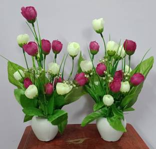 Sanol Set of 2 Table Flower Top Maroon, White Rose Artificial Flower  with Pot