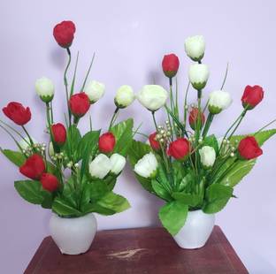 BK Mart Set of 2 Table Flower Top Red, White Rose Artificial Flower  with Pot