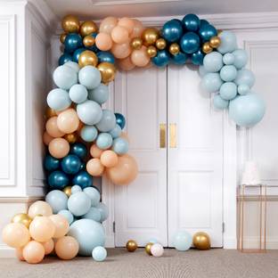 Bash N Splash Solid Pastel Peach & Blue with Chrome Blue and gold Garland Party Decoration Pack With Arch Strip & Glue Dots(Pack of 135) Balloon