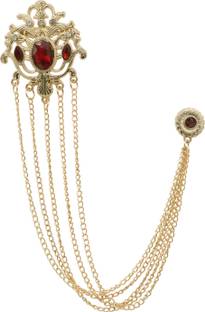 Adorn Golden Long Chain Maroon Rhinestone Suit Coat Brooch For Men Brooch