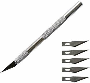 THR3E STROKES Detail Precision Pen Knife with 5 Interchangeable Sharp Blades for Carving & Mat Cutting Paper Cardboard Sheets Thermocol Craft Razor Cutter Blade Art Pencil Metal Grip Hand-held Paper Cutter