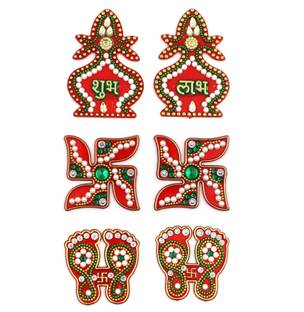 Macsen Acrylic Designer Shubh Labh Sticker, Swastika and Laxmi charan paduka for Door and Wall Decoration, Diwali Decor Set - 6 Piece (Set of 3) Decorative Showpiece  -  7.5 cm