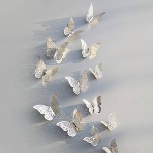Bash N Splash 12 cm 3D Metallic Finish Home Decor Rainbow Silver Butterfly Wall / Balloon / event Decor with Sticking Pad Shimmer Silver Medium Set of 12 Self Adhesive Sticker