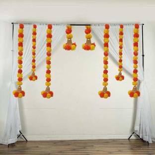 DUSSLE DROF Wall Door Hanging Artificial Marigold Plastic Flowers Garlands Bandhanwar Torans with Golden Bells- Diwali Decoration Item for Home Décor (Pack of 8, Multicolour) Toran