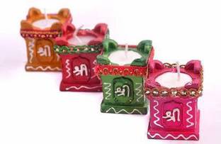THE SD STORE Tulsi Diya Candle | Clay & Terracotta Diya for All Kind of Festival Diwali/Navratri | Colourful Hand Painted Puja Pooja Diya | Home Decoration (Multicolor) (PCS of 4) Candle Candle