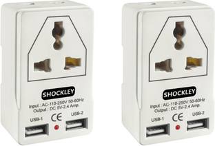 shockley Dual 2 USB Travel Charger -3 Pin & 2 Pin Universal Socket 2.4Amp 5V Worldwide Adaptor Adapter Worldwide Adaptor 2 Outlet Universal multi plug with 2 USB Charging Port (Pack of 2) Three Pin Plug