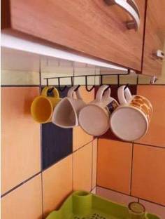 Dezine Elements Multifunctional Kitchen Cabinet Hanger 6 Pin Nail Free Rack (Black) Hook Rail 6 Hook Under The Cup Frame Shelf Under Shelf Coffee Mug Cup Holder Rack Organizer Stand for Kitchen Counter, Cabinet Door Hanger